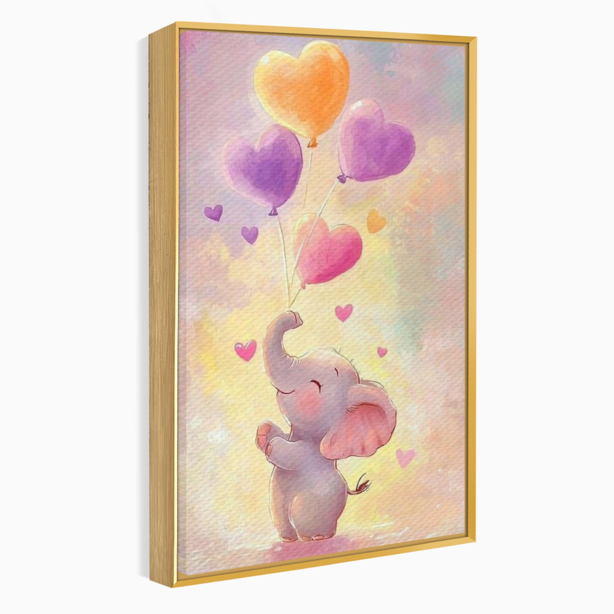 Tablou canvas cu tablou canvas cu pui de elefant, in rama de aluminiu auriu